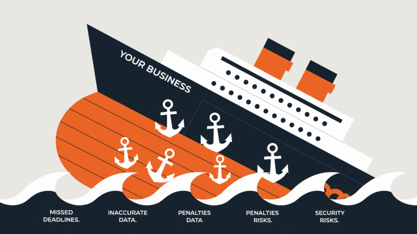 A sinking ship weighed down by anchors representing the consequences of poor bookkeeping.