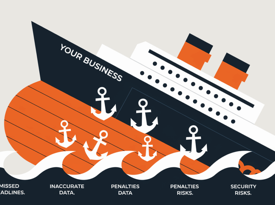 A sinking ship weighed down by anchors representing the consequences of poor bookkeeping.