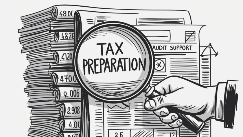 An ink illustration of a magnifying glass inspecting tax documents, highlighting the importance of audit support.