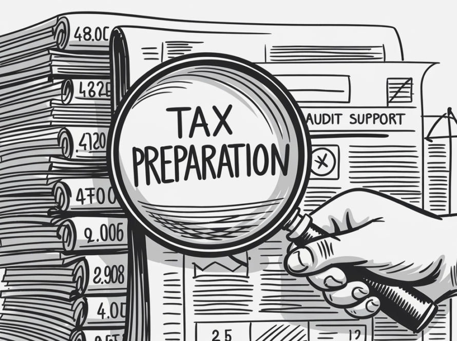 An ink illustration of a magnifying glass inspecting tax documents, highlighting the importance of audit support.
