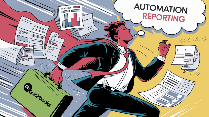 A stylized illustration of an accountant juggling financial documents.