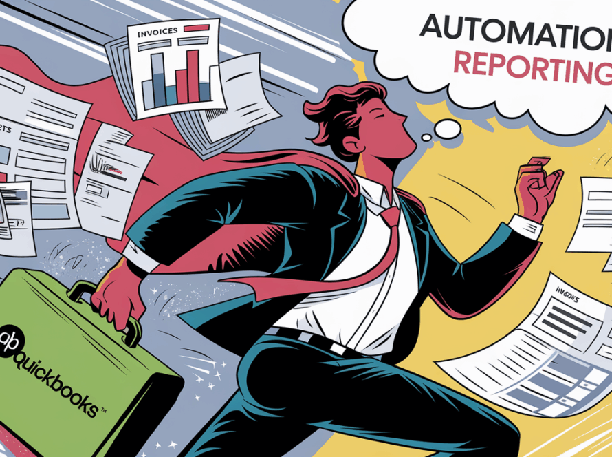 A stylized illustration of an accountant juggling financial documents.