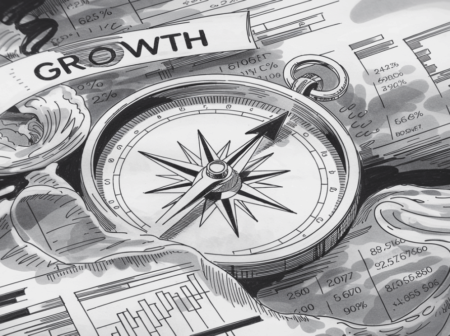 A compass pointing towards the word "Growth" surrounded by financial data.