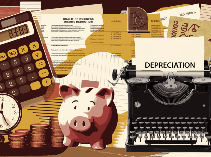 A collage illustration depicting various elements related to year-end tax planning, including a calculator, financial documents, a piggy bank, and a clock, with the keyword "Depreciation" incorporated.