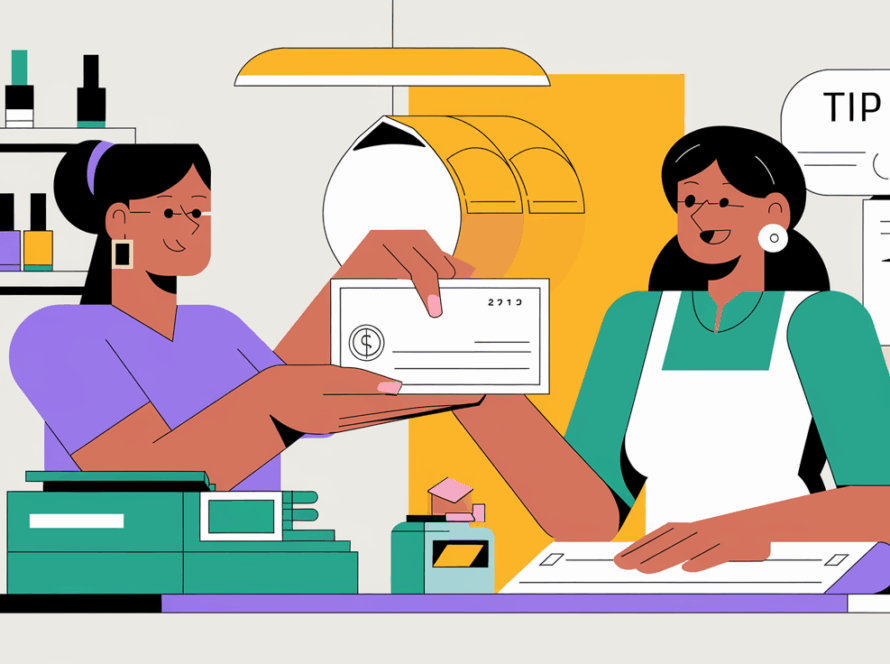 A graphic illustration of a nail technician giving an employee a paycheck.