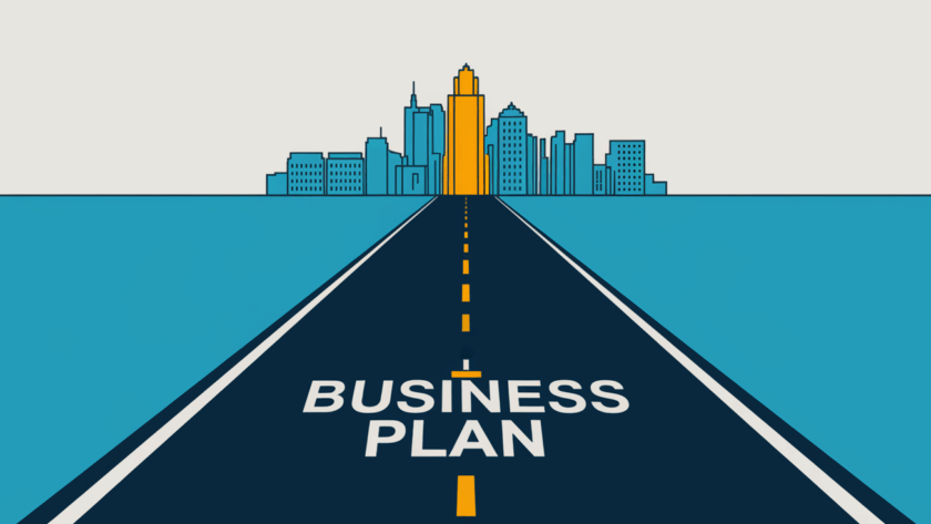 Block illustration of a roadmap to success with a city skyline in the background.
