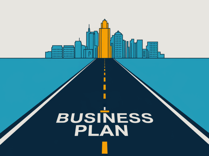 Block illustration of a roadmap to success with a city skyline in the background.