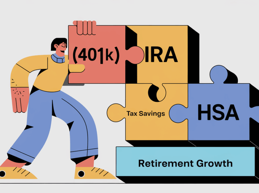 A block illustration of a person strategically placing puzzle pieces labeled "401(k)," "IRA," and "HSA" into slots for tax savings and retirement growth.